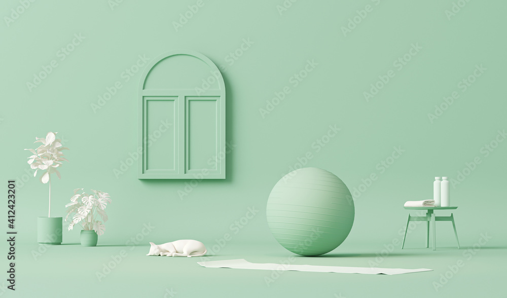 Obraz premium Fitness ball, yoga and cat, plants . Pastel blue colors scene. Trendy 3d render for sport fitness equipment, female concept, exercise daily background. Healthy living.