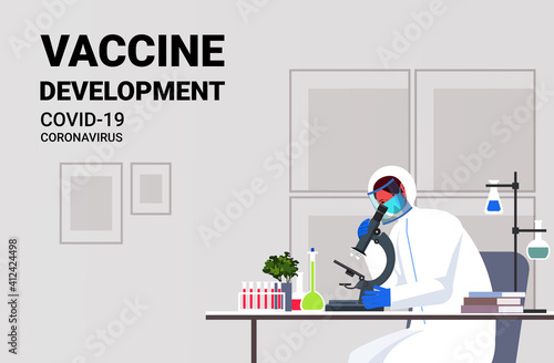 scientist resarcher working with microscope in lab coronavirus vaccine development fight against covid-19 concept horizontal portrait vector illustration