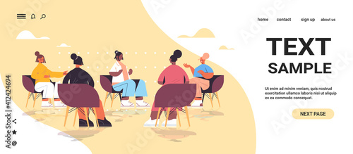 group of mix race female friends discussing during meeting in women's club girls supporting each other union of feminists concept horizontal full length copy space vector illustration