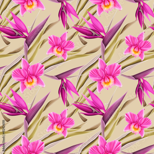 Colourful Seamless Pattern with tropic flowers and leaves. © Natalia @themishaart