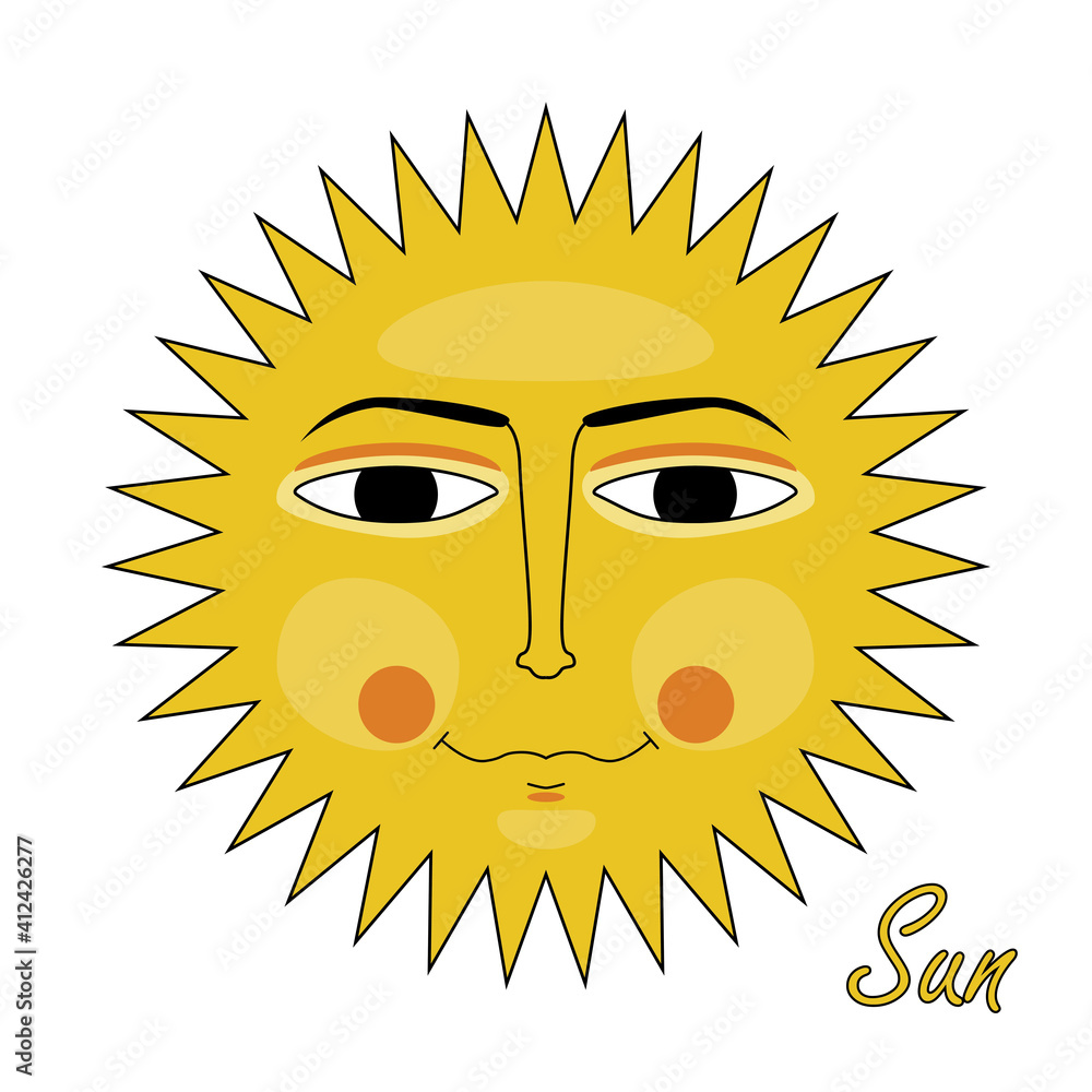 The sun. The smiling face of the sun. A cartoon-style character. Vector illustration isolated on a white background for design and web.