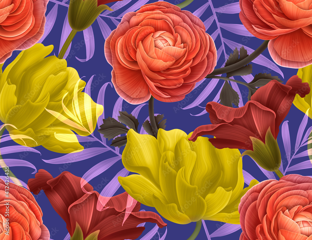 Colourful Seamless Pattern with tropic flowers and leaves.