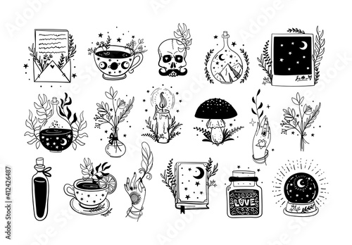 Fototapeta Collection of modern boho tattoos for witch, amulets