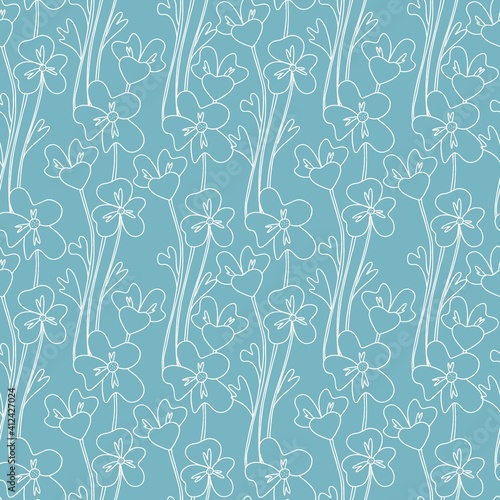Wild flower minimal seamless pattern. Hand drawn flowers and leaves, stem and petals. Herbal monochrome elegant collection, decor textile, wrapping paper wallpaper. Vector texture print fabric