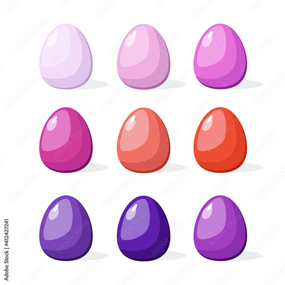Set of Easter eggs of different colors. Pink, purple, red