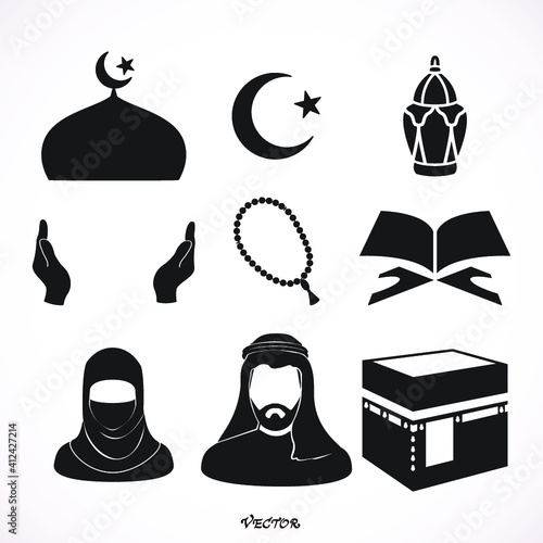set of islamic icons, use for religion event or website, Ramadan Kareem, Eid Mubarak Line Art Icons Set