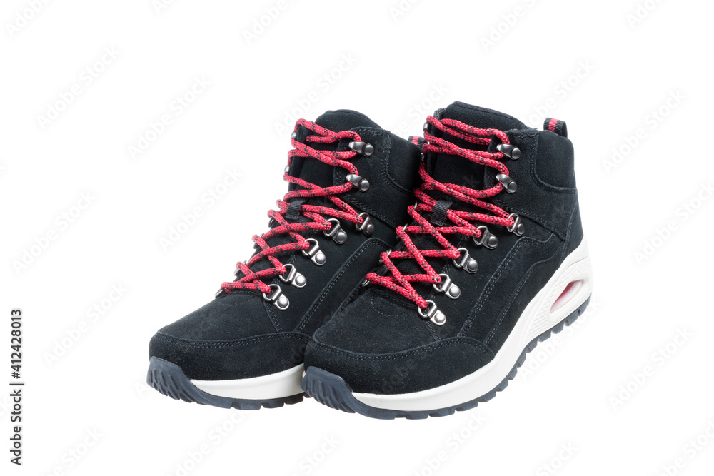 Pair of ladies black sport high boots, on a white background Pair of ladies black sport high boots, on a white background