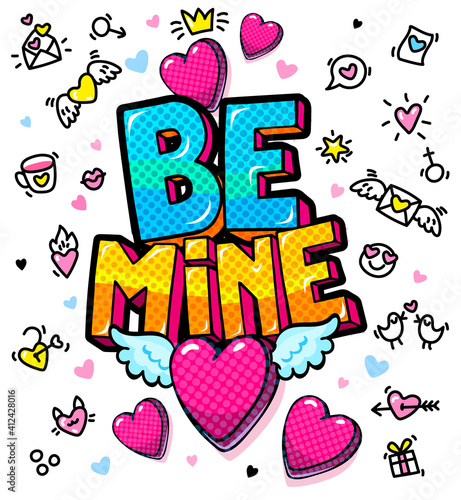 Happy Valentine's day lettering in pop art style. Concept of love.