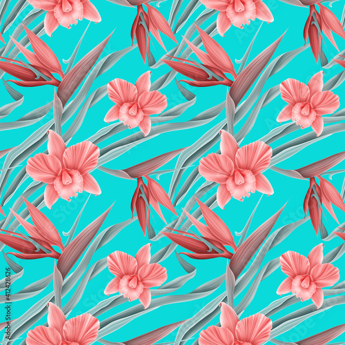 Tropical orchid flowers print background.