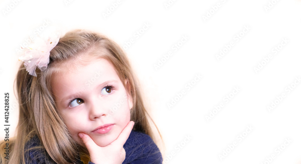 Soft Focus Thoughtful little girl touch chin with finger thinking or considering, pensive lovely child girl making decision imagining idea posing isolated on white background with copy space. Soft Focus Thoughtful little girl touch chin with finger thinking or considering, pensive lovely child girl making decision imagining idea posing isolated on white background with copy space.
