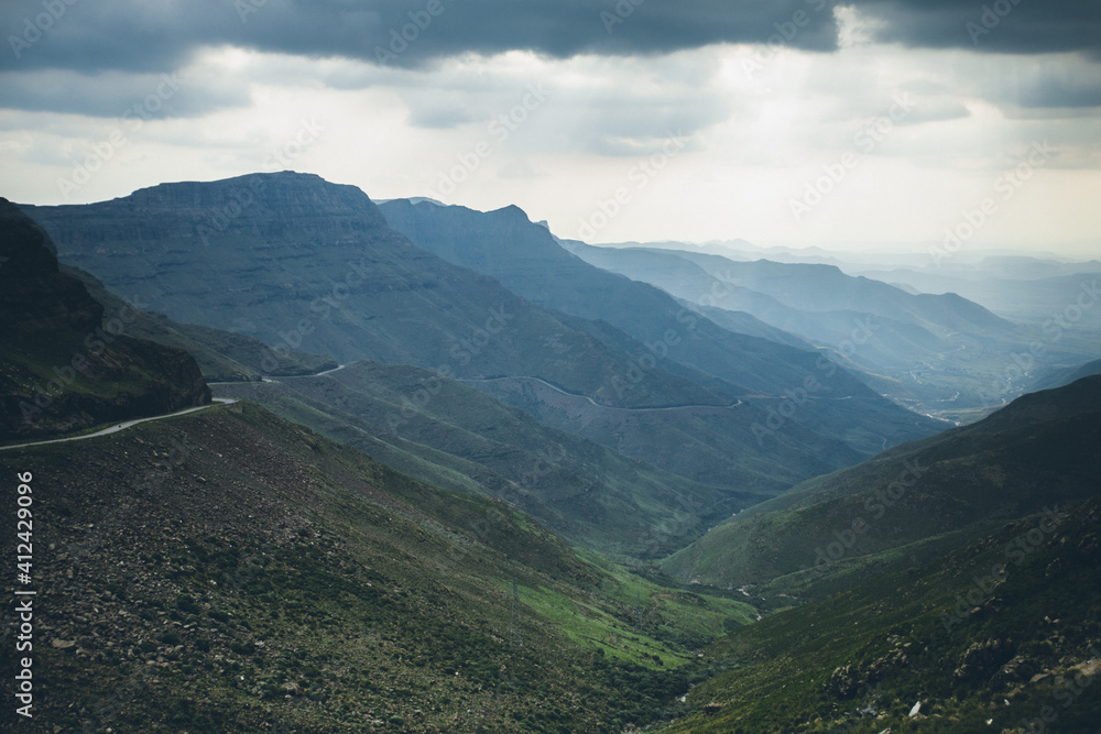 Landscape of a valley and mountain pass in Lesotho Landscape of a valley and mountain pass in Lesotho