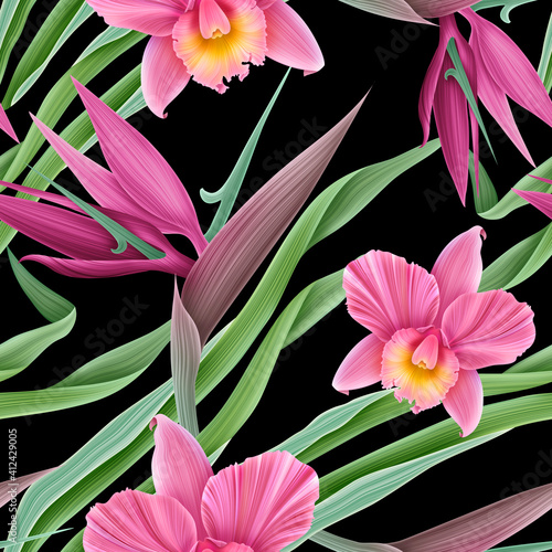 Tropical orchid flowers print background.