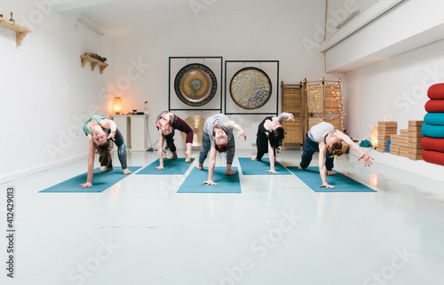 Five women practicing yoga photo