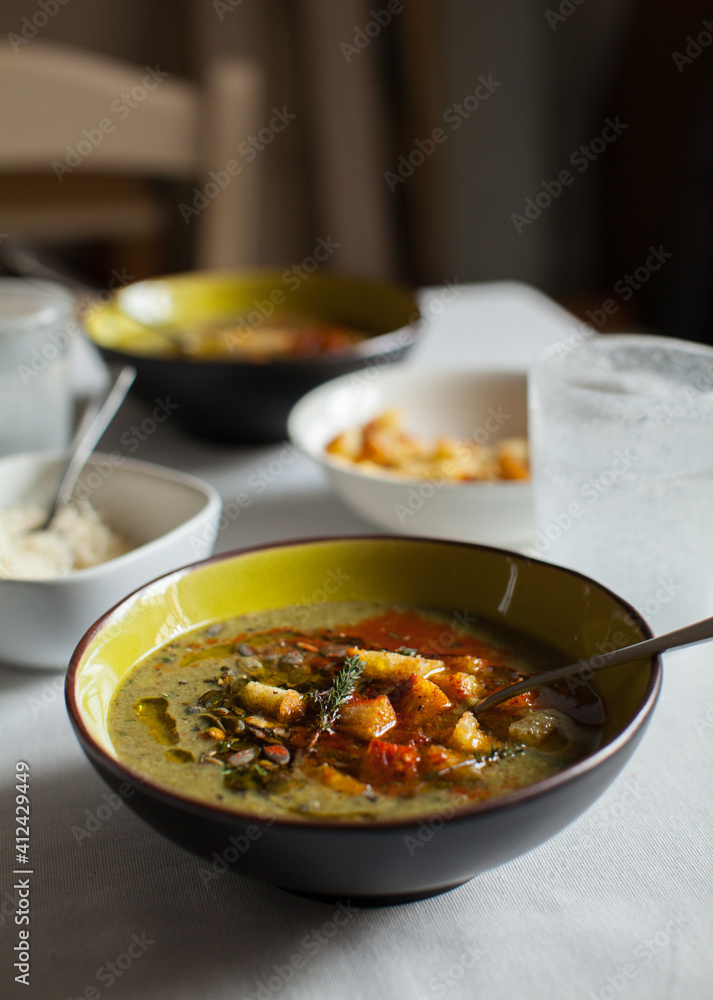Mixed vegetable soup with croutons Mixed vegetable soup with croutons