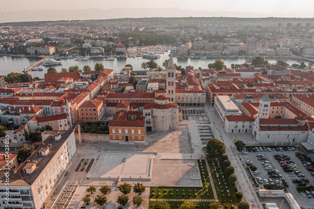 Aerial drone shot of Zadar old town square in sunrise hour in Croatia Dalmatia area