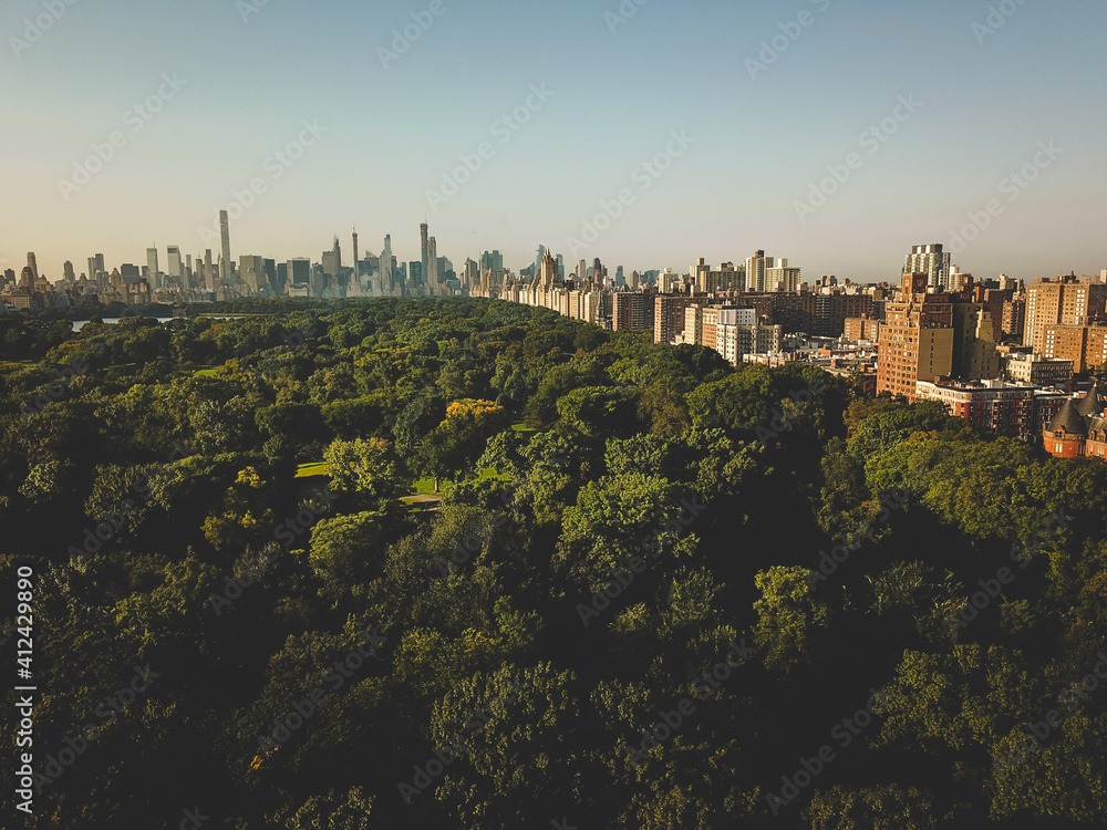 New York Central park is a gem of a location. This photos was taken in the early morning just above the tree line to show the vast forest of new york central park contrasting against the surroundings