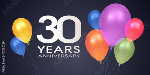 30 years anniversary vector icon, logo, banner. Horizontal design element with air balloons
