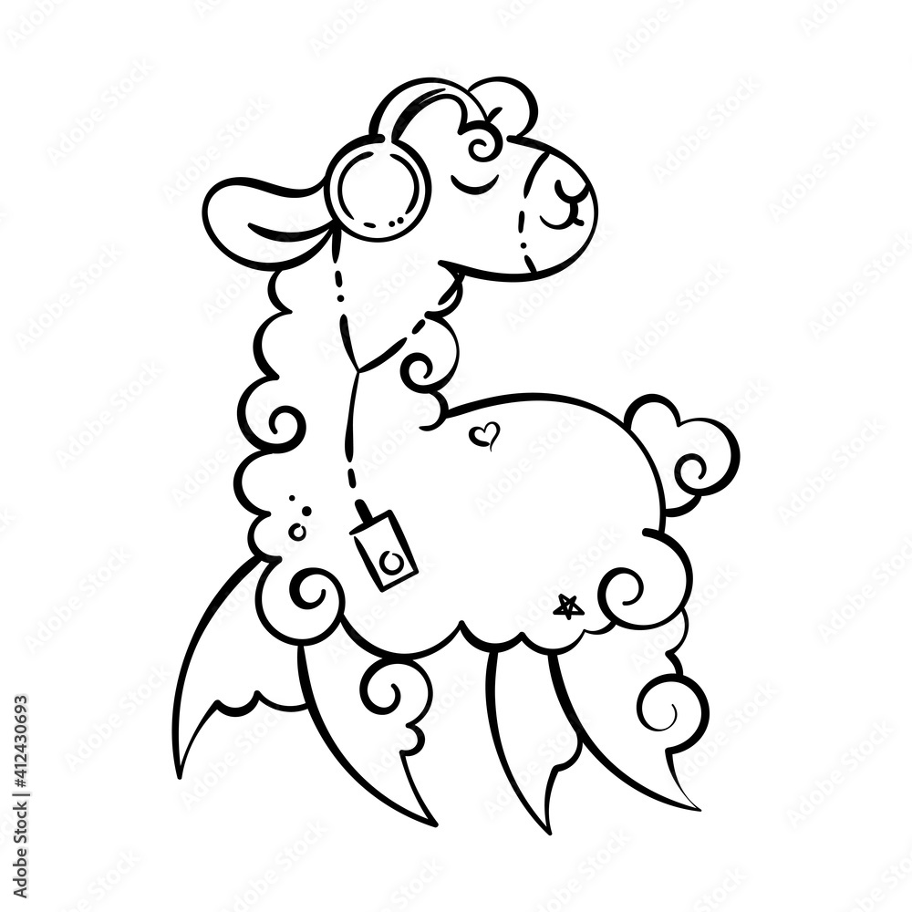 Cute curly llama in headphones with a music player. Vector illustration for coloring pages, children prints and publications Cute curly llama in headphones with a music player. Vector illustration for coloring pages, children prints and publications