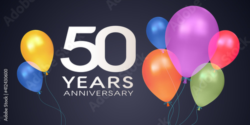 50 years anniversary vector icon, logo, banner. Horizontal design element with air balloons