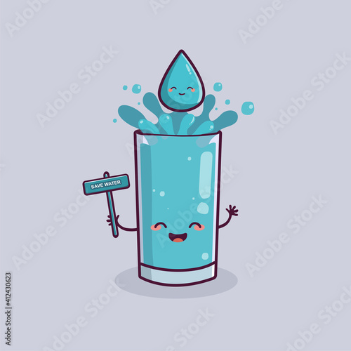 cute glass and nice drop water kawai character with world water concept