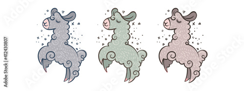 Collection of cute curly llamas in different colors with borders. Illustration for coloring pages, children prints and publications