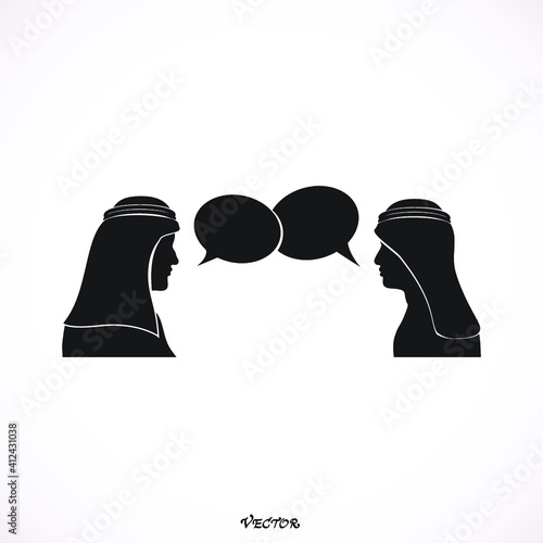 Two Arabic man  in traditional muslim hat discussing, speech bubbles, vector avatar