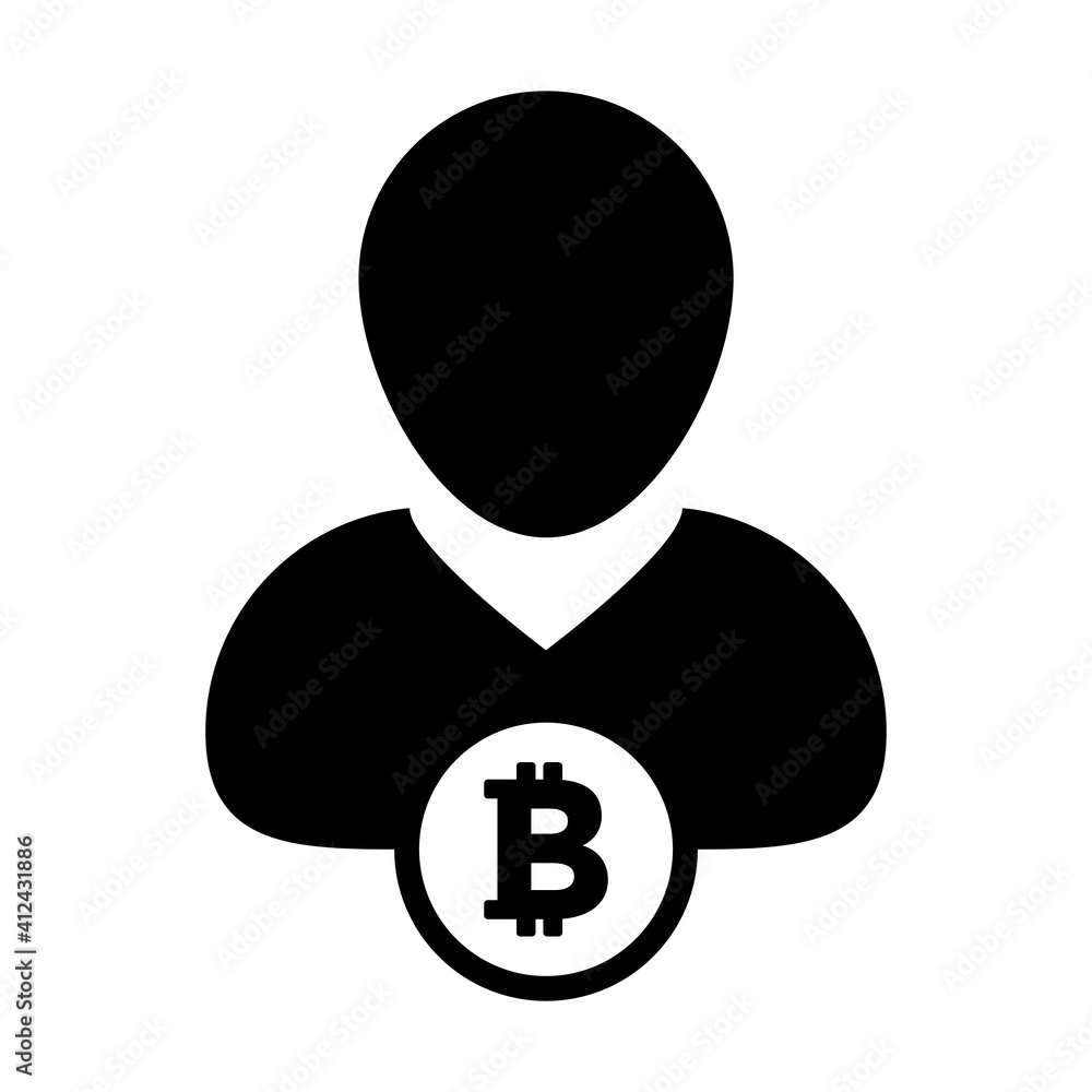 Bitcoin symbol icon vector blockchain cryptocurrency with male person profile avatar for digital wallet in a glyph pictogram illustration Bitcoin symbol icon vector blockchain cryptocurrency with male person profile avatar for digital wallet in a glyph pictogram illustration