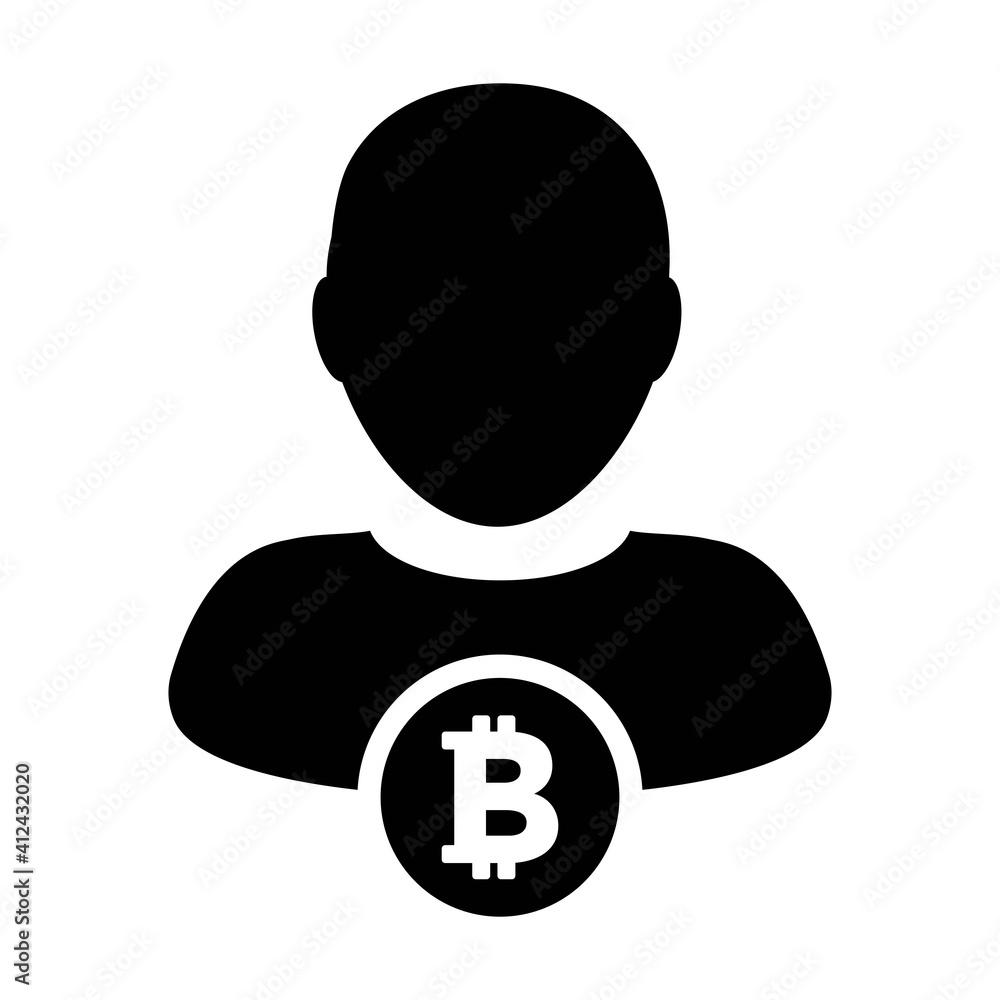 Bitcoin icon vector cryptocurrency symbol with male person profile avatar for digital currency in a glyph pictogram illustration Bitcoin icon vector cryptocurrency symbol with male person profile avatar for digital currency in a glyph pictogram illustration