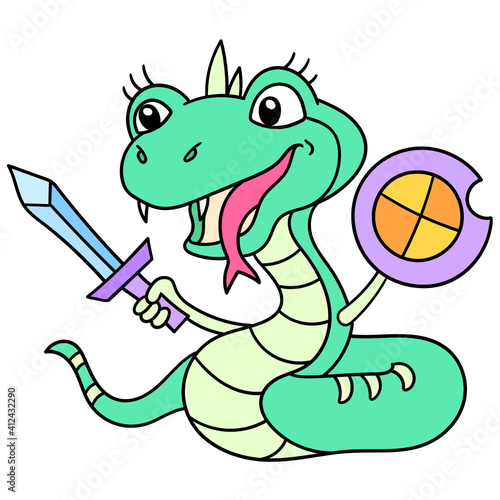 The last giant serpent king carried a sword and shield for battle, doodle icon image kawaii