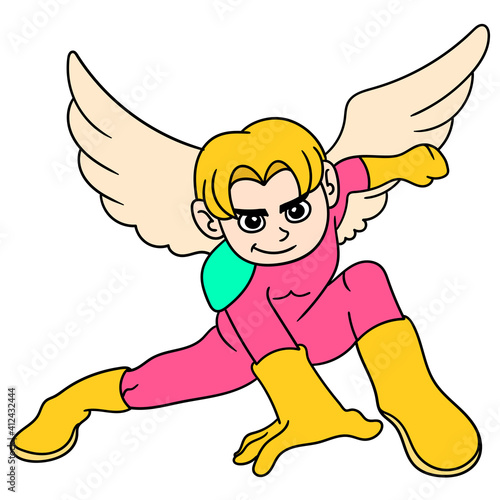 The winged handsome male superhero with super powers, doodle icon image kawaii