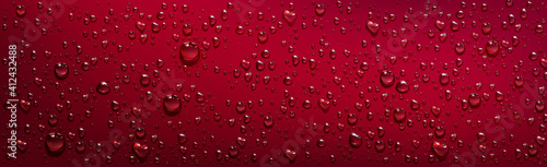 Red background with transparent water droplets. Vector realistic illustration of wet red surface with condensation of steam in shower or fog, clear aqua drops from dew or rain on window glass
