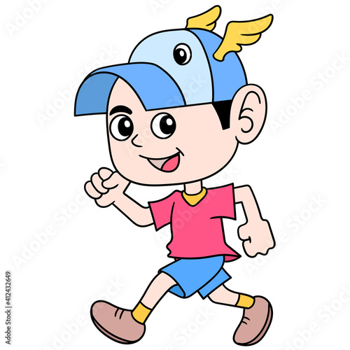a cute boy walking in a hat decorated with wings, doodle icon image kawaii