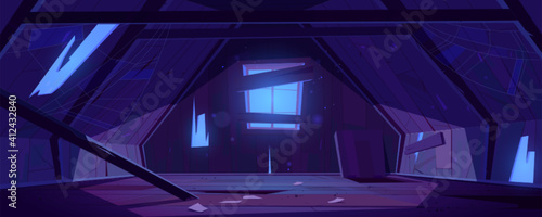 Old attic in abandoned house at night. Vector cartoon interior of garret room with broken roof, wall and beams, clutter and spiderweb. Empty messy mansard with hatch in floor and moonlight from window