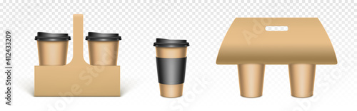 Coffee cups in kraft paper holders. Cardboard packaging for take away hot drinks. Vector realistic mockup of blank brown carriers for disposable tea cups with black caps