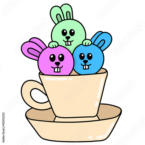 rabbit triplets in a drinking cup, doodle icon image kawaii