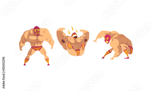 Mexican Wrestler Characters Set, Battle Acrobat Fighters in Mask Cartoon Vector Illustration