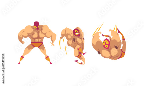 Masked Mexican Wrestlers in Various Poses Set, Battle Acrobat Fighters Cartoon Vector Illustration