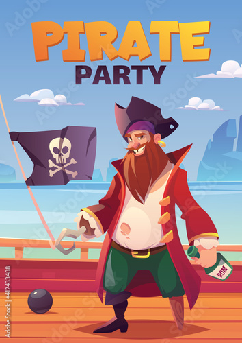Pirate party cartoon poster with bearded smiling filibuster captain with hook hand and wooden leg prosthesis holding rum bottle stand on wooden ship deck with jolly roger flag, vector illustration