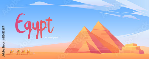 Egypt poster with caravan of camels in desert with pyramids. Vector cartoon illustration of landscape with yellow sand dunes, ancient egyptian pharaoh tombs and people with camels