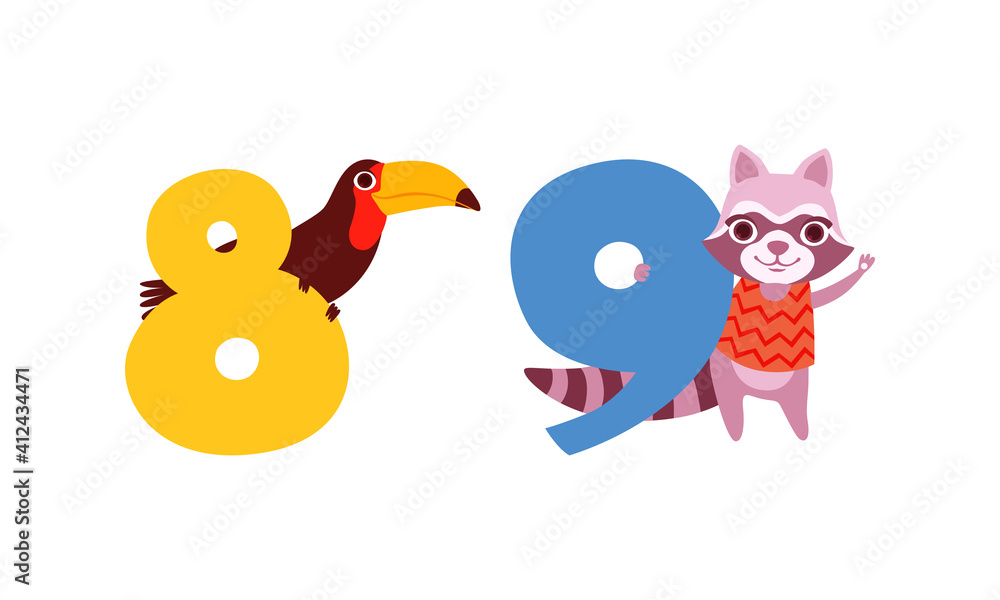 Obraz premium Eigth and Nine Numbers with Cute Toucan and Raccoon, Birthday Anniversary Numerals with Funny Animal and Bird Cartoon Vector Illustration