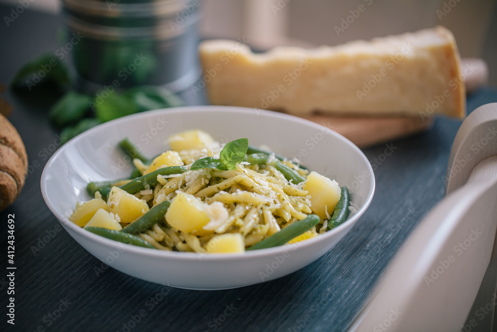 Pasta with pesto sauce potatoes and green beans. Pasta with pesto sauce potatoes and green beans.