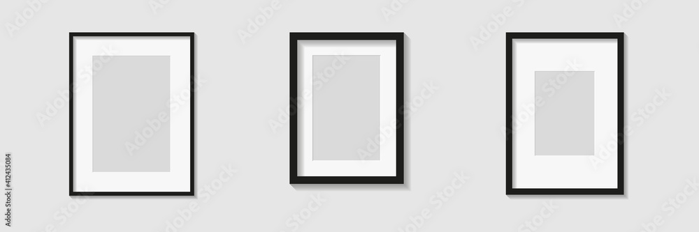 Set of black photo or picture frames with white mat and shades isolated on gray background. Vector illustration. Wall decor. Rectangle vertical photo frames - obrazy, fototapety, plakaty 