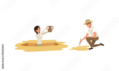 Archaeologist Scientist Characters Working on Excavations with Historical Artifacts, Archeology and Paleontology Science Concept Cartoon Vector Illustration