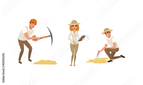 Archaeologist Characters Working on Excavations Set, Scientists Digging, Exploring, and Describing Historical Artifacts Cartoon Vector Illustration