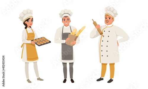Professional Bread Bakers in Uniform Set, Bakehouse Workers with Freshly Baked Bread and Baguette Cartoon Vector Illustration