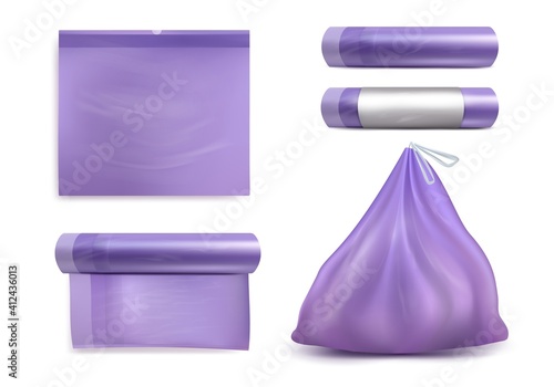 Trash bag mockup set, vector illustration isolated on white background. Realistic roll, empty and full of garbage plastic bags.