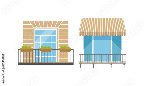 Set of Balcony Windows, Modern and Retro House Facade Design Elements Vector Illustration