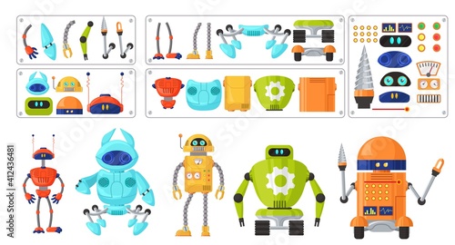 Cute robot cartoon character set, flat vector illustration isolated on white background. Robot machine constructor. Head, leg, arm body parts for android character creation. Robotic animation.