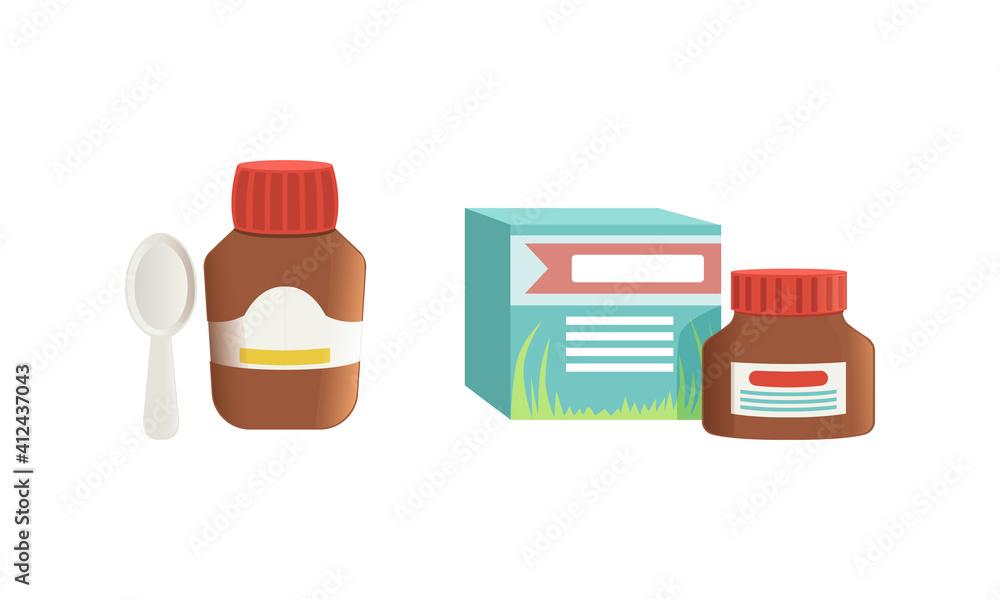 Medication Bottles Set, Jar of Ointment and Cough Syrup Cartoon Vector Illustration Medication Bottles Set, Jar of Ointment and Cough Syrup Cartoon Vector Illustration