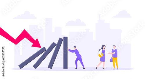 Domino effect or business resilience metaphor vector illustration concept. Adult young businessman pushing falling domino line business concept of problem solving and stopping domino chain reaction.
